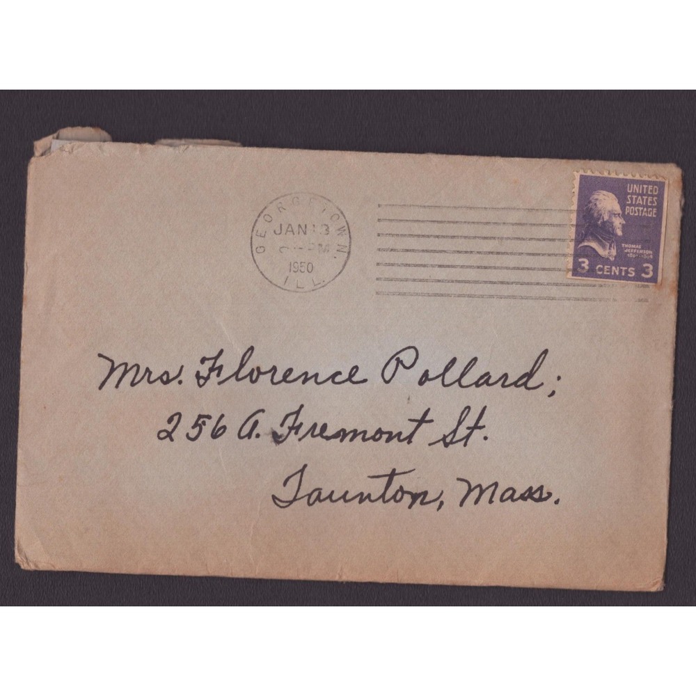 1950 Cover Georgetown Ill to Taunton Mass 3c Thomas Jefferson Stamp - Picture 1 of 2